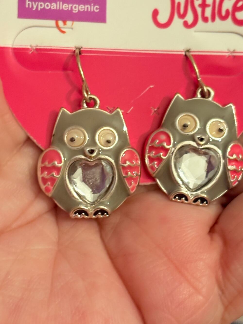 Justice NOS Owl Heart Rhinestone Dangle Earrings